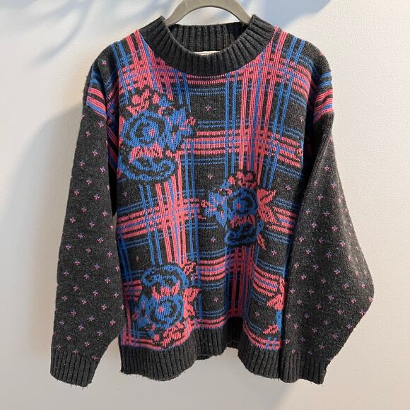 Vtg 90s Cabin Creek Floral Plaid Crewneck Pullover Sweater Size M - Picture 1 of 7